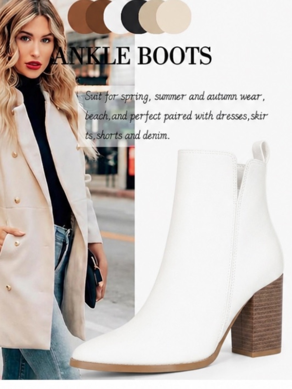 NWT Rilista Womens V Cutout Ankle Boots Pointed Toe Chunky 9.5 White zipper - Picture 2 of 8